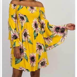 Yellow floral off shoulder layered sleeved dress